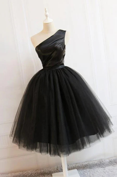 Luolandi Black Tulle One Shoulder Elegant Tea Length Party Dress Formal Dress Homecoming Dress